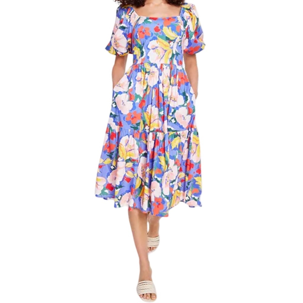 Vince Camuto Summer Blue Floral Cotton Puff Sleeve Tiered Midi Dress Size 12 EUC